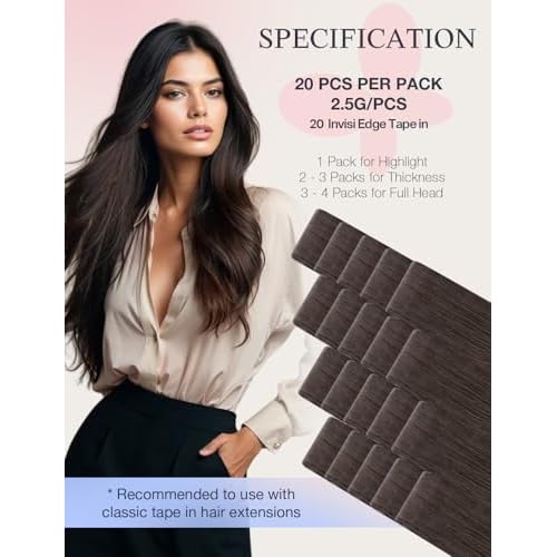DOORES Invisi Edge Tape in Hair Extensions, Light Dark Brown 10 Injection Tape-ins with 10 Injection Tape-ins 50g 22 Inch, Injected Invisible Tape in Virgin Human Hair