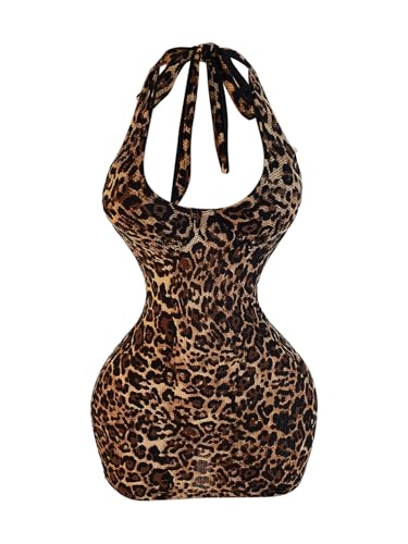 SweatyRocks Women's Leopard Print Halter Dress Backless Bodycon Mini Club Party Cheetah Dresses