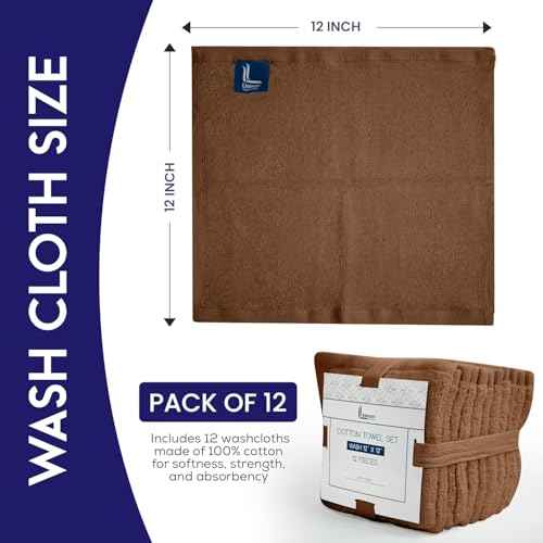 Linteum Textile Supply Premium 12x12 Washcloth (Chocolate) ? 100% Ring Spun Cotton Zero Twist Towels | Absorbent, Quick Dry, Durable for Bathroom, Spa, Gym (12 Pack)