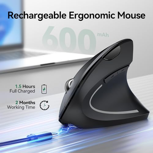 TECKNET Ergonomic Mouse, Rechargeable Vertical Ergo Mouse Wireless 800-4800 Levels 5 Adjustable DPI, Silent 2.4GHz Optical...
