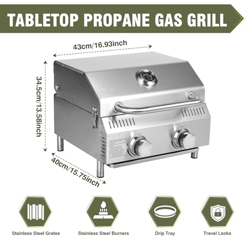 Bestfire Tabletop Gas Grill 2 Burners, 20,000 BTUs Stainless Steel Portable Propane Grill with Legs for Outdoor Patio Back...