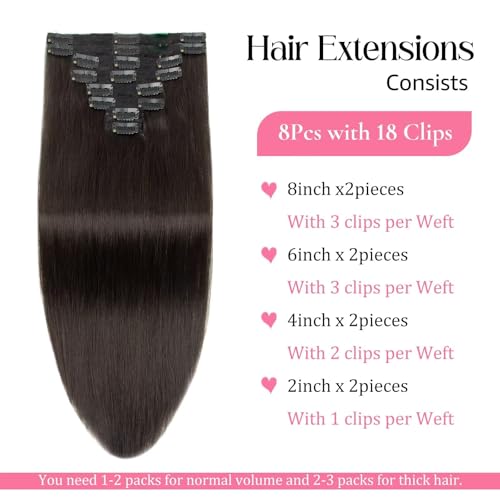Natural Black Seamless Clip in Hair Extensions Real Human Hair 24inch Clip ins Human Hair Extensions Straight Clips in 100% Brazilian Clip in Extensions Human Hair for Women 8pcs Double Weft