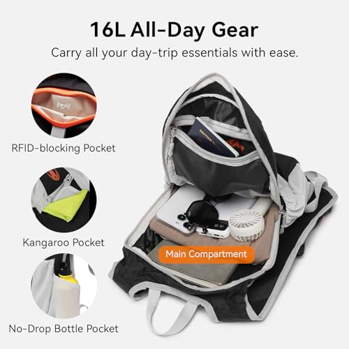 CROSSGEAR 16L RFID Hiking Backpack, Lightweight Foldable Packable Backpack, Small Travel Hiking Daypack for Women Men Black