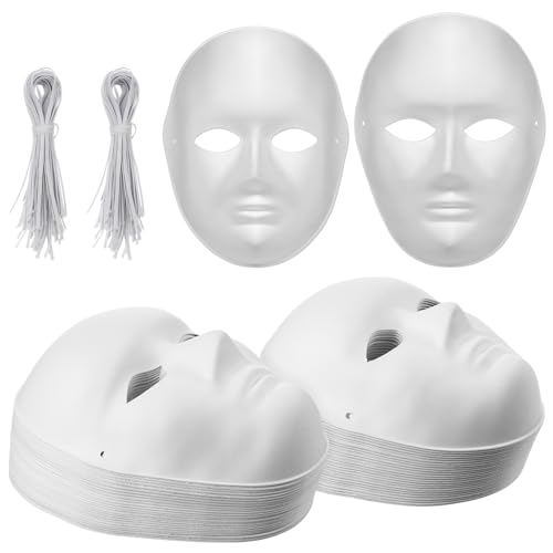 50 Pcs DIY Full Face Masks Bulk, Blank White Paintable Paper Mache Mask, 2 Sizes Paintable White Plain Mask, Craft Masks B...