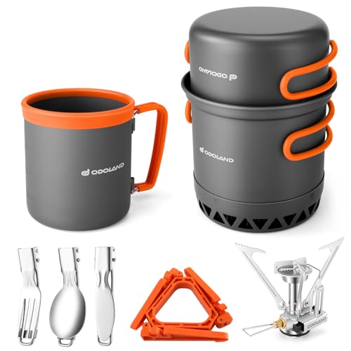 Odoland Camping Pots with Heat Exchanger Camping Cooking Set with Portable Camping Stove Camping Mess Kit Include Mug, Fol...