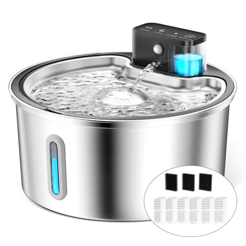 PawPoll Wireless Cat Water Fountain Stainless Steel - 3.2L/108oz Cordless Pet Water Fountain Battery Operated Cats Water D...