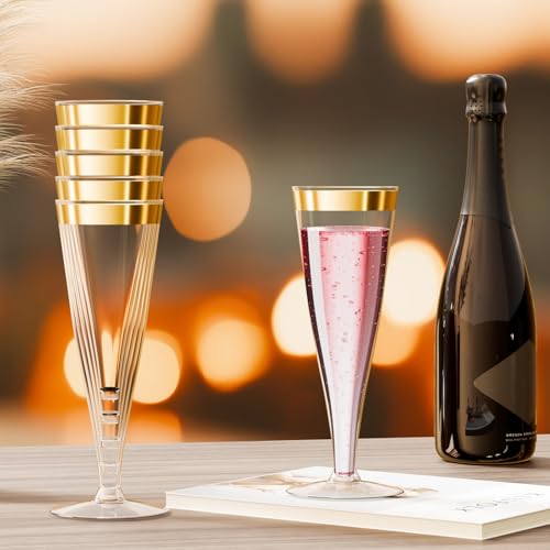 Plastic Champagne Flutes Gold Rim Disposable Champagne Glasses - 40 Pack 4.5 Oz Mimosa Glasses Bulk Cocktail Cups for Part...
