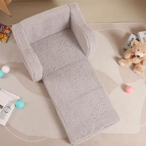 MOMCAYWEX Kids Sofa, 2-in-1 Flip-Out Foam Couch with Soft Sherpa Cover, Cozy Play Lounge Chair, Grey