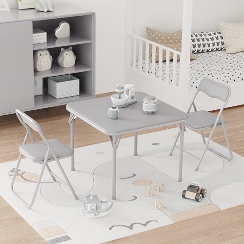 IDEALHOUSE Boys and Girls Folding Table and Chairs Set of 3, Portable Table and Chair with Pu Soft Cushion,Suitable for Ea...