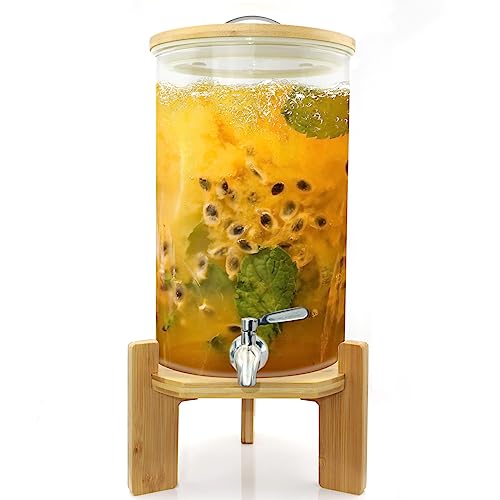 Glass Drink Dispenser with Stand,2.1 Gallons Wood Stand Cold Beverage Dispensers-Large Drink Dispensers For Parties,Bars,R...