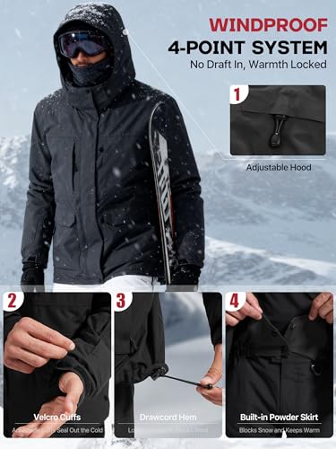 FREE SOLDIER Men's Waterproof Ski Jacket Fleece Lined Warm Winter Snow Coat with Hood Fully Taped Seams