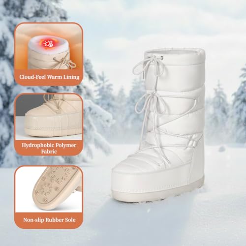 QLR Womens Winter Snow Boots Mid Calf Anti-Slip Boots with Warm Lining Lace-up Outdoor Shoes