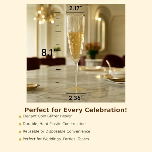 Oojami 6 Oz Gold Glitter Plastic Champagne Glasses 24 Pack Hard Disposable Plastic Champagne Flute Ideal for Home Daily Li...