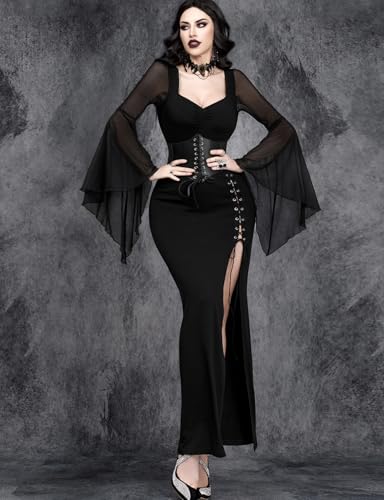 InGoticos Women Gothic Sexy Slit Flare Sleeve Patchwork Party Dress