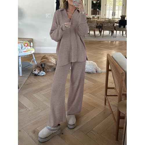 ANRABESS Women Two Piece Outfits Sweater Sets Lounge Waffle Knit Pullover Matching Wide Leg Pants Tracksuit 2025 Fall Fashion