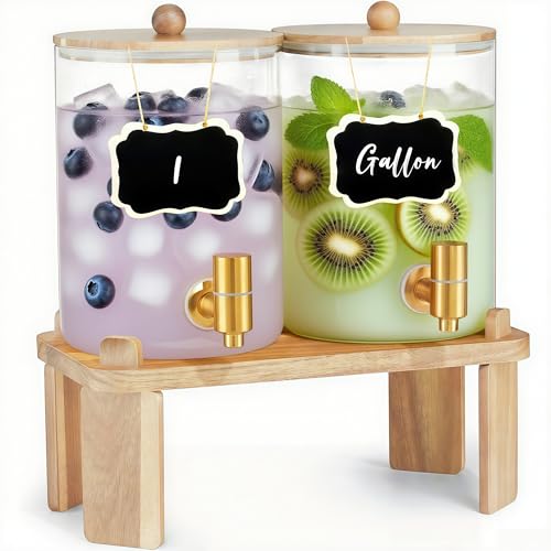 2 Pack Drink Dispenser with Wood Stand, Glass Beverage Dispenser with Spigot and Labels, Glass Water Dispenser for Partie...