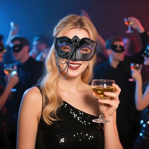 Comott elegant black feather masquerade ball mask for women and men - perfect couple accessory for masquerade Halloween