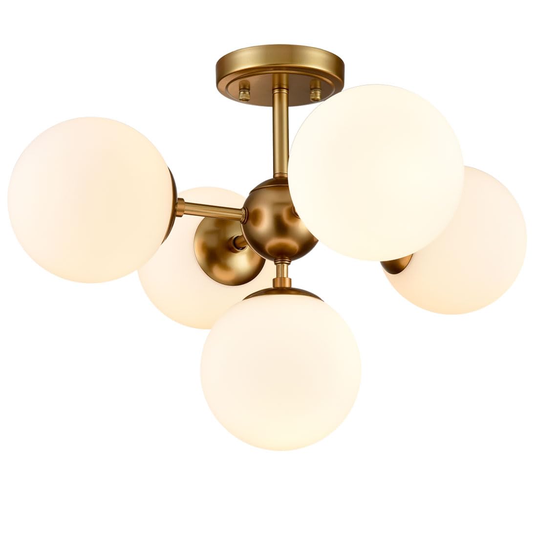 DIRYZON Mid Century Modern 5-Light Semi Flush Mount Ceiling Light,Brass Sputnik Ceiling Light with Opal Globe Glass for Living Room Bedroom Hallway