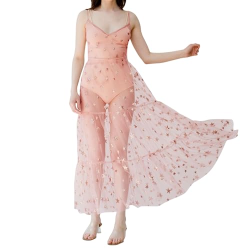 Women's See Through Tulle Maxi Dress Shiny Sequined Stars Spaghetti Strap Cover Up Dresses Festival Outfit