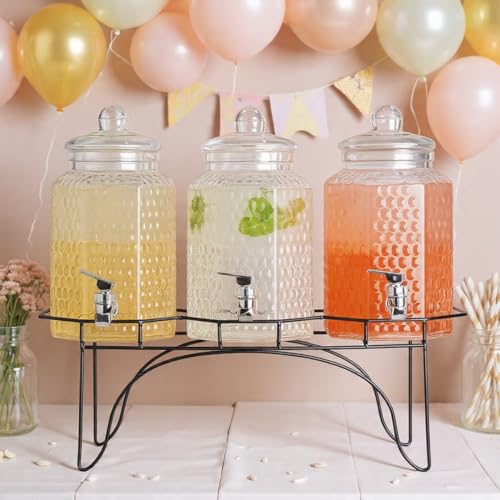Drink Dispenser Set of 3 - Beverage Dispenser with Stand - Glass Drink Dispensers for Lemonade, Juice, Water, Iced Tea, Pu...