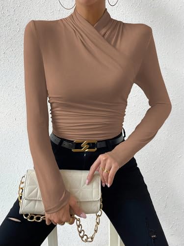 SweatyRocks Women's Ruched Mock Neck Long Sleeve T Shirt Solid Slim Fitted Tee Tops