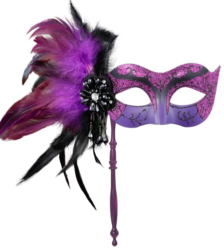 MYSEUNI 2025 New Masquerade Mask for Women with Stick - Shiny Women's Feather Mardi Gras Venetian Mask for Costume Accessory