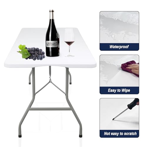 HUZJIEHUI 70.8" W X 29" D X 29" H - 6 ft Folding Table White Portable Heavy Duty Plastic Fold-in-Half Utility Foldable Tab...