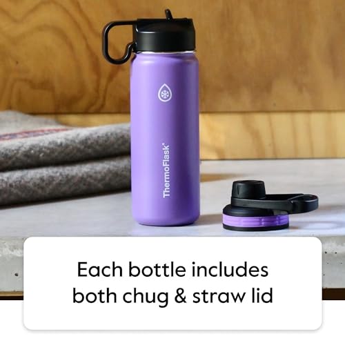 ThermoFlask 24 oz Double Wall Vacuum Insulated Stainless Steel Water Bottle - Reusable with Leakproof Chug & Straw Lids - ...