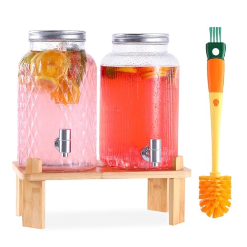 2 PCS Glass Drink Dispenser Set 1.5 Gallon With Stand, Spigot, Large Water Drink Dispensers for Parties for Lemonade, Juic...