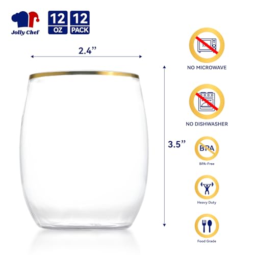 JOLLY CHEF 12 Pack 12oz Gold Plastic Wine Glasses Stemless, Gold Disposable Wine Cups, Premium Quality, Unbreakable, Dispo...