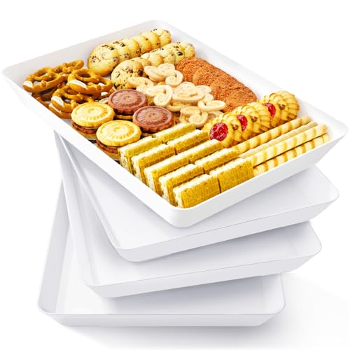 Lifewit Plastic Serving Tray for Party, 4 Pcs White Trays for Serving Food, Reusable Platters for Buffet, Fruit, Cookie, C...