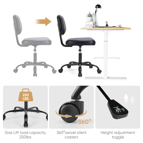 DUMOS Small Armless Home Desk Chair with Low Back Lumbar Support, Height Adjustable PU Leather Computer Task Chair with 36...