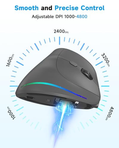 AOC 2.4GHz Ergonomic Mouse, Wireless Bluetooth Vertical Mouse for Work, 4800 DPI Optical Tracking, 5 Adjustable DPI, Quiet...
