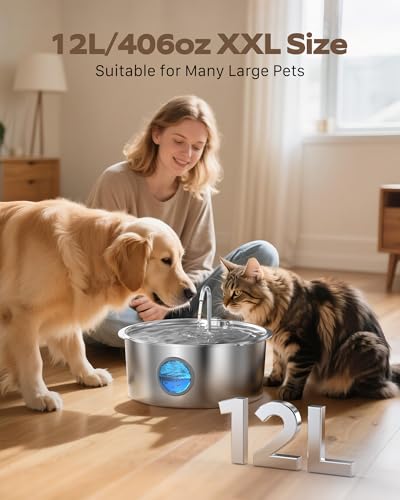 Dog Water Fountain for Large Dogs: Stainless Steel Dog Fountain Water Bowl - 3.2Gal/406oz/12L Super Quiet Big Cat Water Fo...