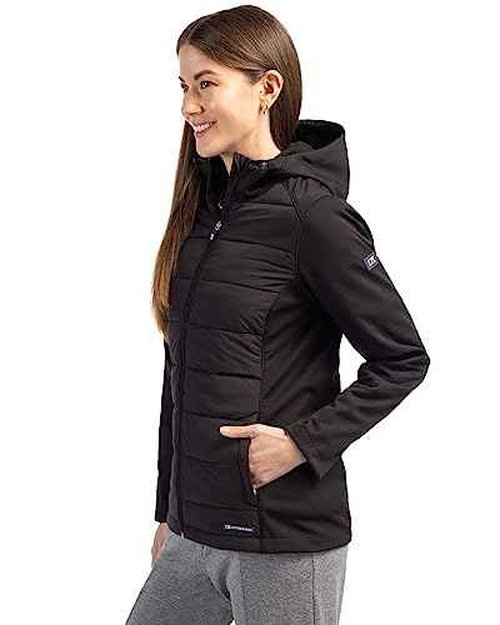 Cutter & Buck Evoke Hybrid Eco Softshell Recycled Full Zip Womens Hooded Jacket, Black, S