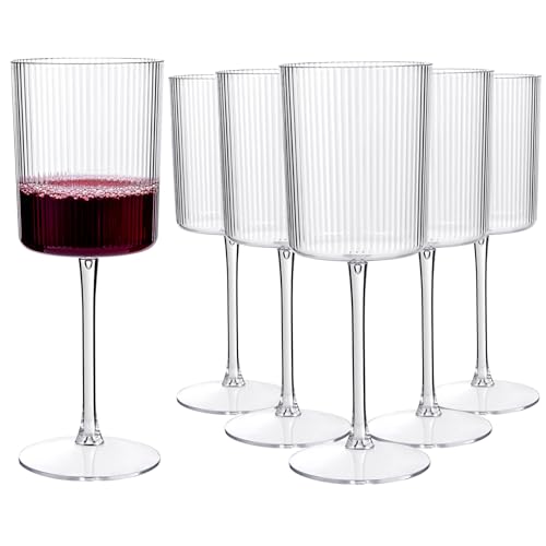 YOUBET 24 Pack Plastic Ribbed Wine Glasses - 10 OZ Clear Square Wine Glasses with Stem - Heavy Duty Vintage Disposable Cha...