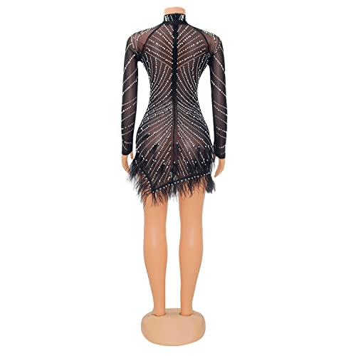 ENOPINK Women Sexy Rhinestone Feather Dress Mesh Sheer Bodycon Long Sleeve Mini Dresses Birthday Outfits Clubwear