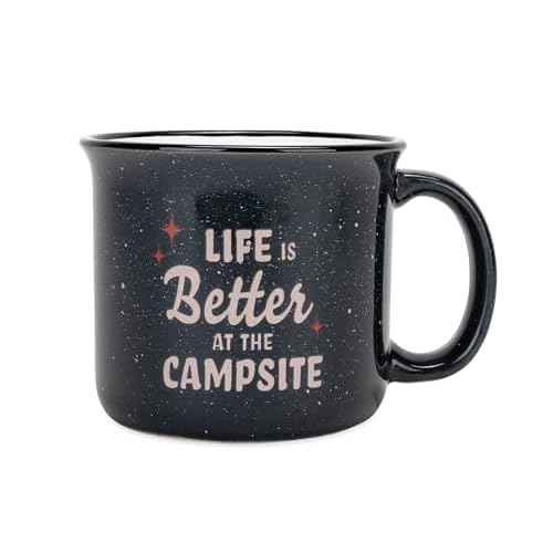 Camco Life is Better at The Campsite Ceramic Coffee Mug - Microwave and Dishwasher Safe - Features Speckled Blue Background with Life is Better at the Campsite Design - Coffee Cup Holds 14oz. (53473)