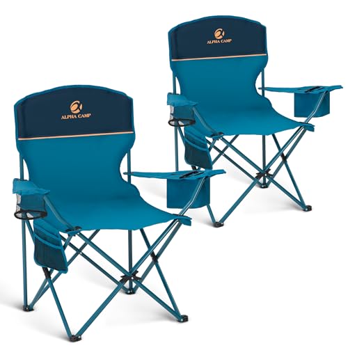 ALPHA CAMP Camping Chair 2 Pack Portable Chair with 3-Can Cooler Folding Chair with Side Pocket and Cup Holder, Collapsibl...