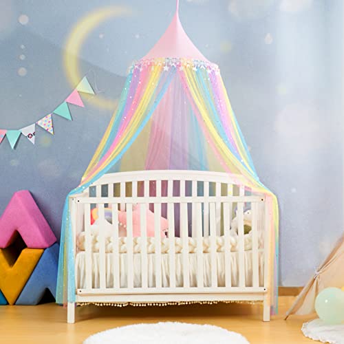 MOOZHEALTH Rainbow Bed Canopy for Girls,Shiny Kids Princess Round Dome Bed Curtain with Star Moon Glitter,Kids Crib Canopy...
