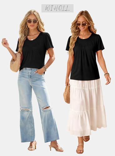 WIHOLL Womens Summer Tops Trendy Short Sleeve T Shirts Pleated Crewneck Tees Blouses Dressy Casual Outfits Fashion Clothing
