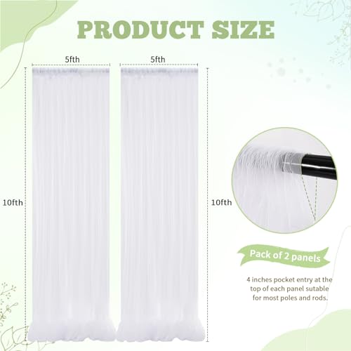 Tulle Backdrop Curtain with Lights: 2 Pcs 5×10ft White Sheer Fabric Background - Wedding Party Birthday Photo Decor