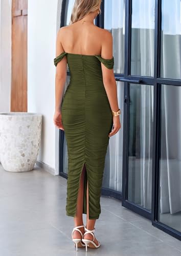 PRETTYGARDEN Womens 2026 Summer Off The Shoulder Dress Ruched Bodycon Sleeveless Split Cocktail Party Maxi Dresses