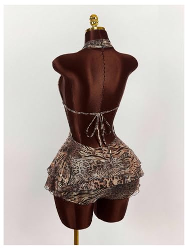 Verdusa Women's Y2K Leopard Print Halter Romper Backless Sleeveless Layered Ruffle One Piece Outfit