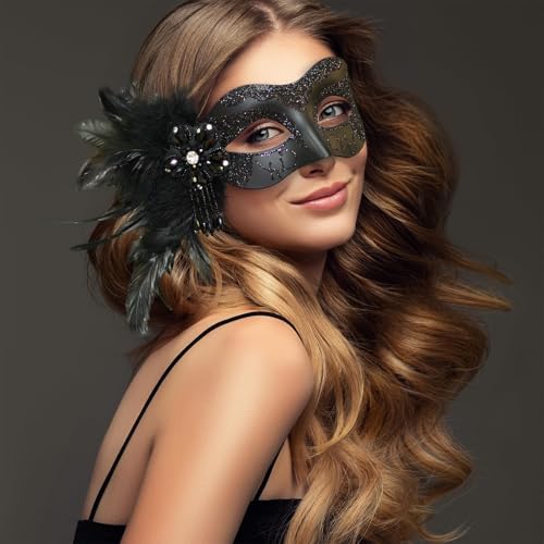 MYSEUNI 2025 New Black Masquerade Masks for Women with Feathers - Womens Mascarade Venetian Mask for Masquerade Party, Mar...