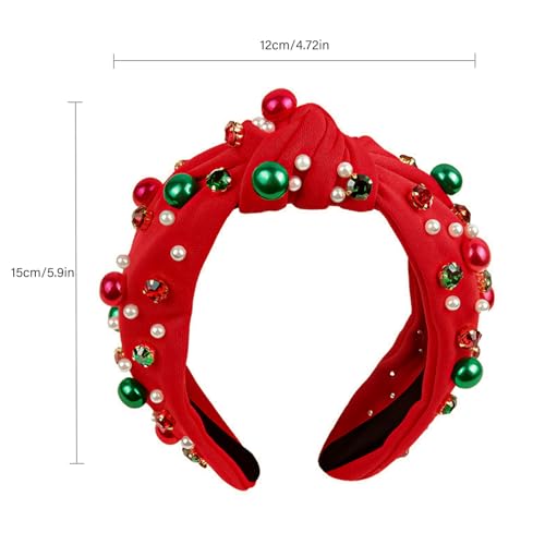 Sokfone Women's Pearl Knotted Headband - Top Knot Holiday Headband, Red and Green Pearl Rhinestone Crystal Gem Hairband, C...