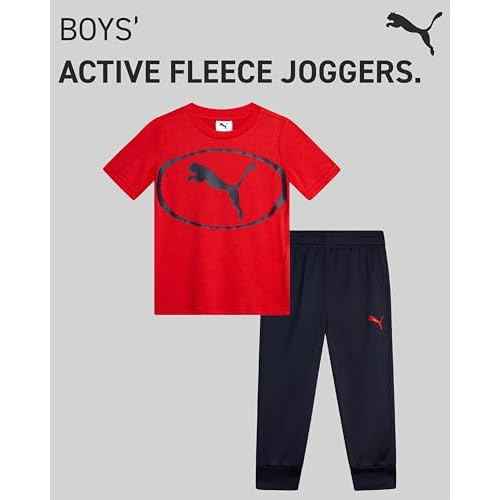 PUMA Toddler Boys Joggers Set - 2 Piece Short Sleeve TShirts and Active Fleece Joggers for Boys Athletic Set (18M-5T)