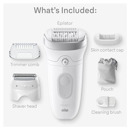 Braun Epilator Silk-?pil 7, Hair Removal Device, Women Shaver & Trimmer, Wet and Dry, Wide Head, Includes Shaver Head and Trimmer Comb, SE7-041, Silver, Holiday Gifts for Women