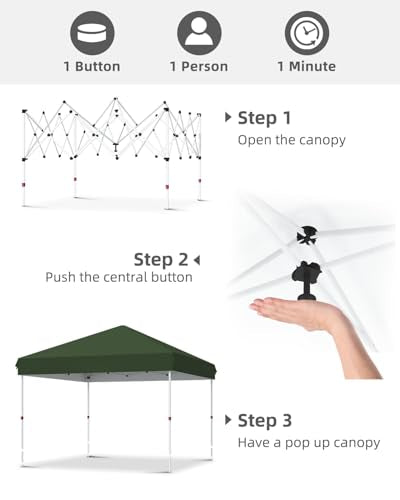GarveeLife 10x10 Pop Up Canopy with One Button Push Setup - Heavy Duty Outdoor Canopy Tent with Portable Roller Bag - 3 Ad...
