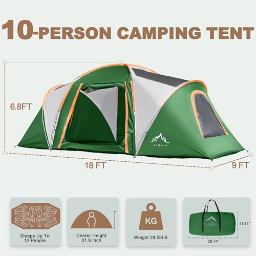 Tents for Camping, Waterproof 10 Person Family Tent with Double Layer & 4 Large Mesh Windows, Weather Resistant Easy Setup...